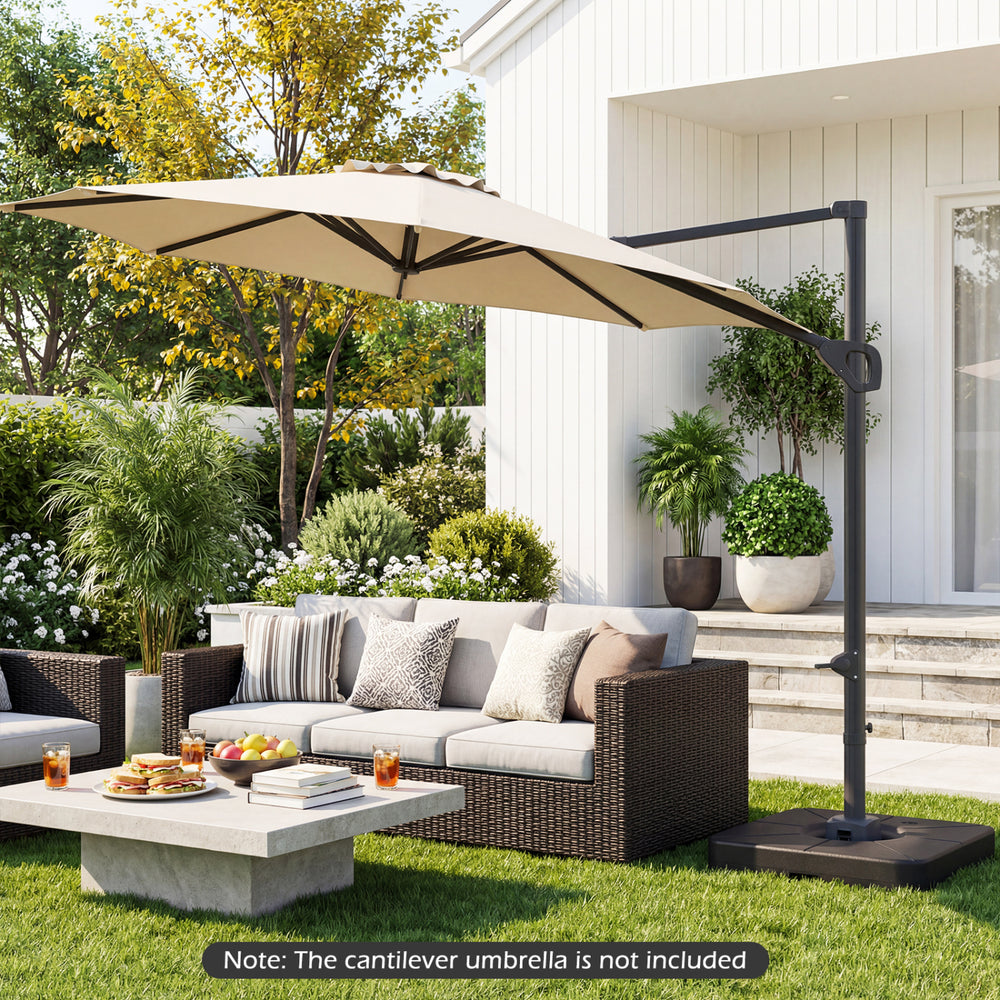 Weighted cantilever patio umbrella base in black, designed for 9-10 ft umbrellas, with 220 lbs capacity for stability.
