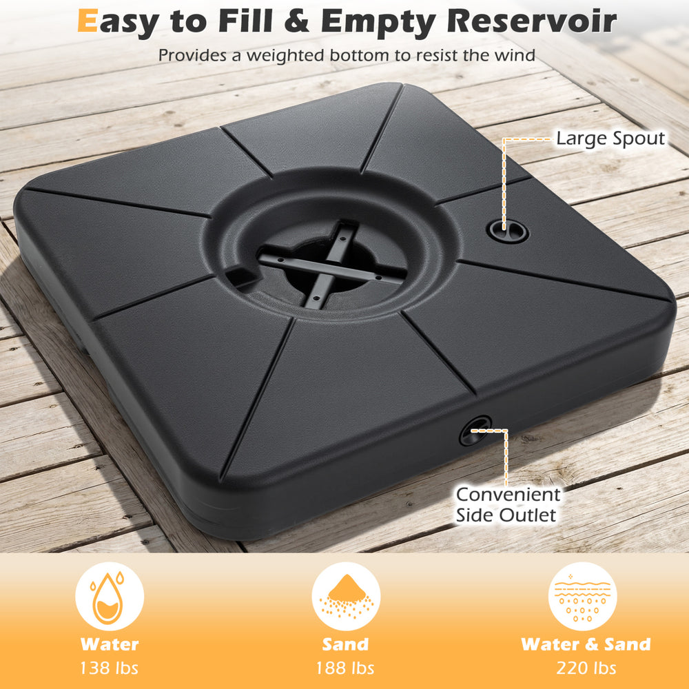 Cantilever patio umbrella base in black, fillable with water or sand, designed for stability and easy transport.