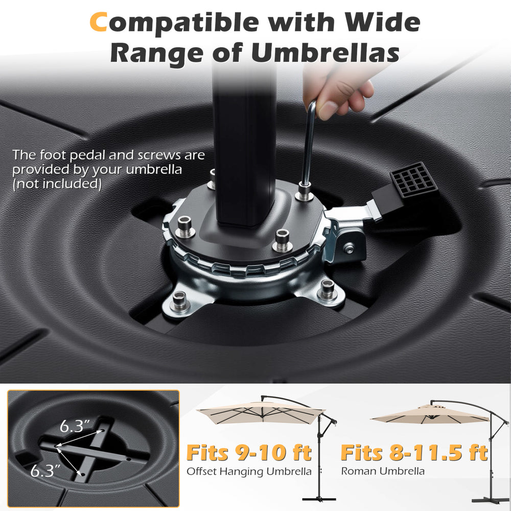 Cantilever patio umbrella base with 220 lbs capacity, designed for 9-10 ft offset and 8-11.5 ft roman umbrellas.