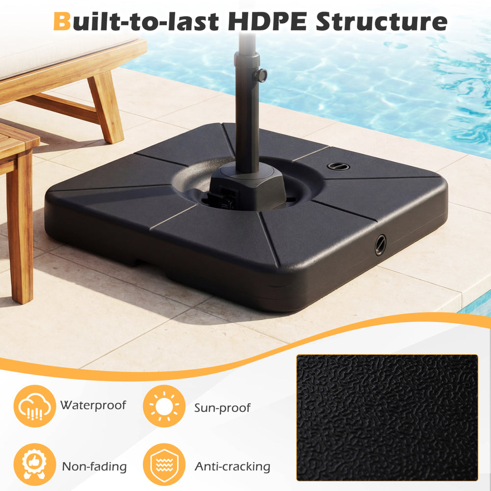 Cantilever patio umbrella base in black, made of HDPE, 220 lbs capacity, waterproof and sun-proof for outdoor use.