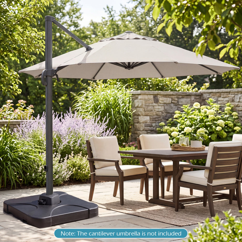 Cantilever patio umbrella base with a 242 lbs capacity, featuring a refillable reservoir for stability and easy filling.