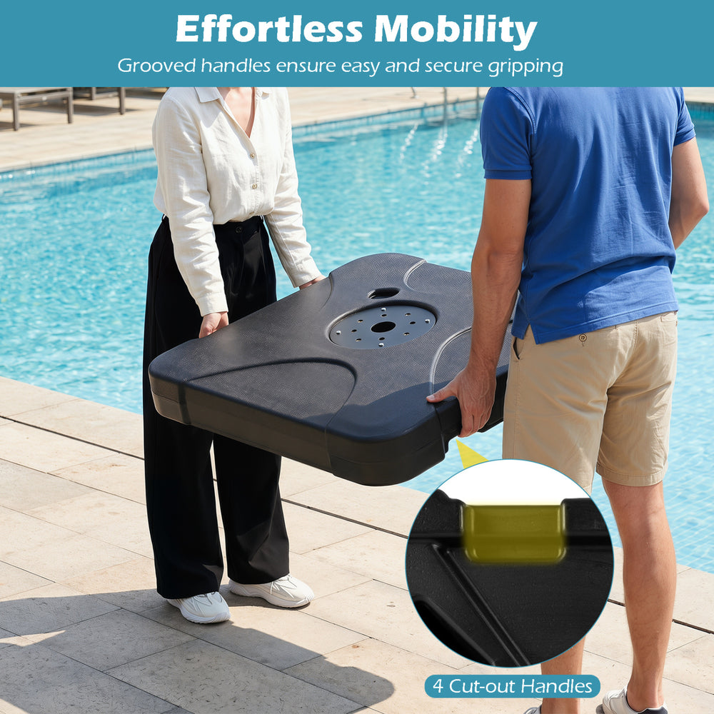 Cantilever patio umbrella base with 4 grooved handles, designed for easy gripping and stability, fillable with water or.