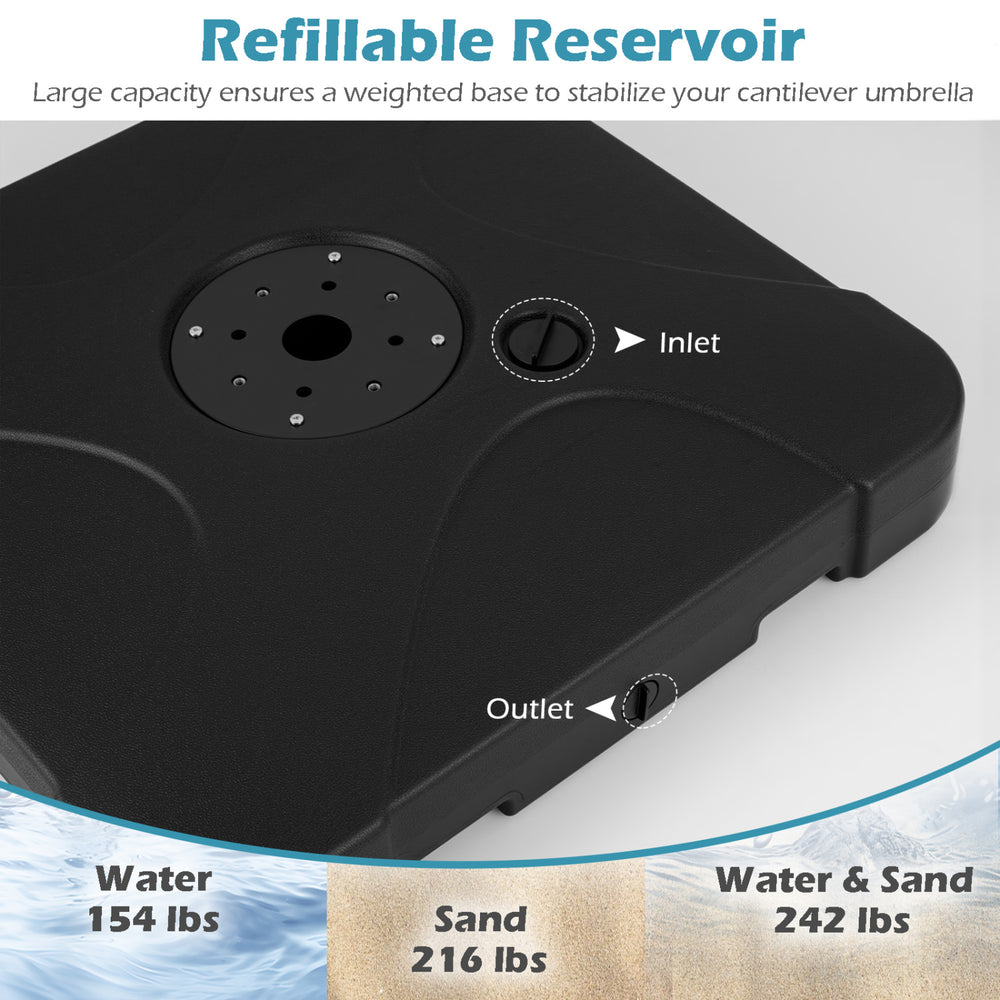 Refillable reservoir of a 242 lbs cantilever patio umbrella base, designed for stability with water and sand filling.