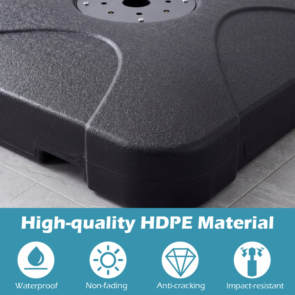 Heavy-duty HDPE cantilever patio umbrella base with refillable reservoir, waterproof design, and easy-grip handles.