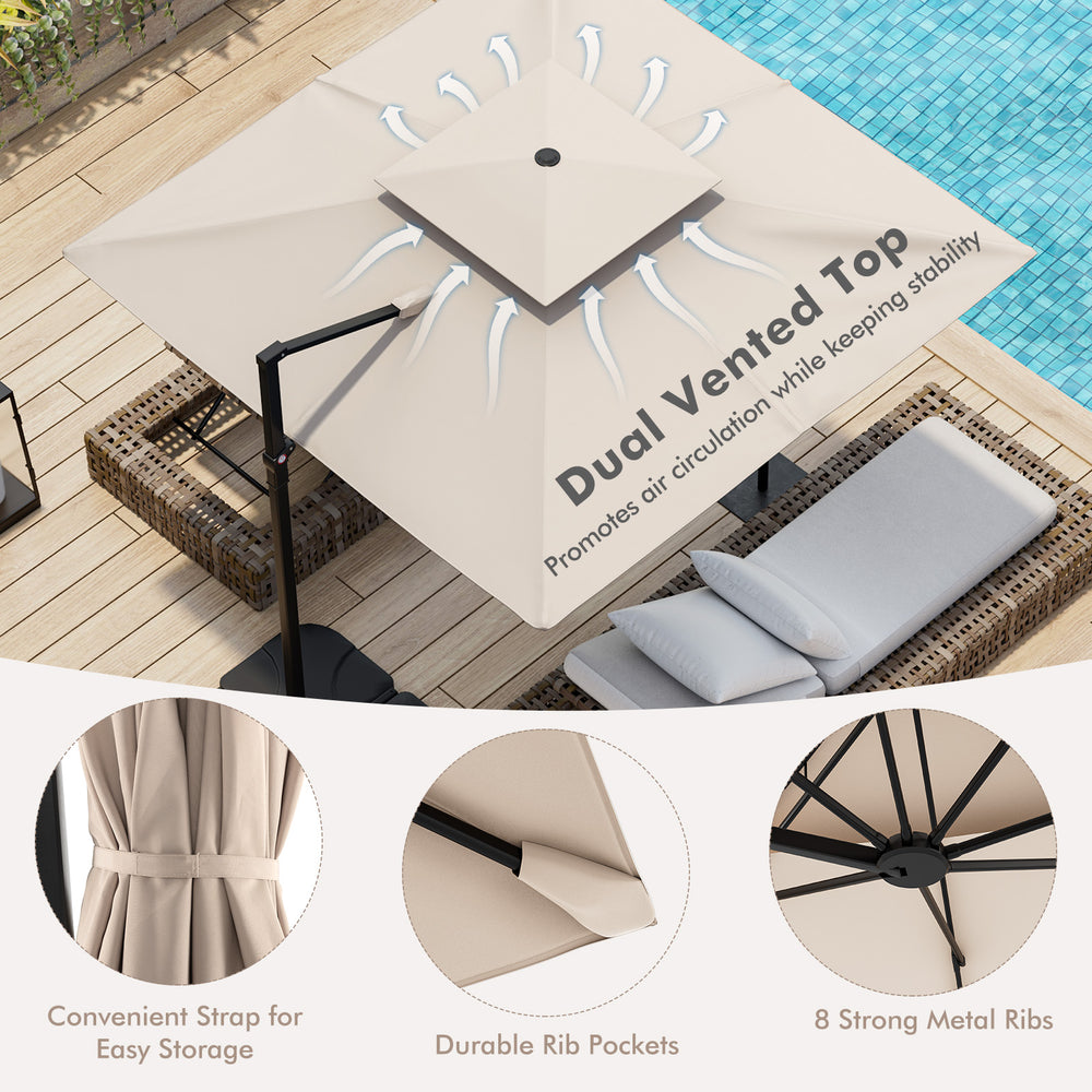 9.5 feet cantilever patio umbrella with dual vented top, beige fabric, and 360° rotation for optimal shade and air.