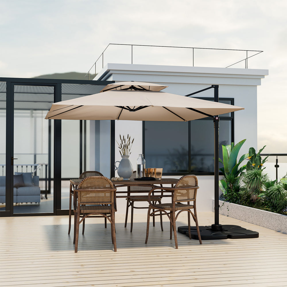 9.5 feet cantilever patio umbrella in beige with 360° rotation, placed over a dining table for outdoor shade.