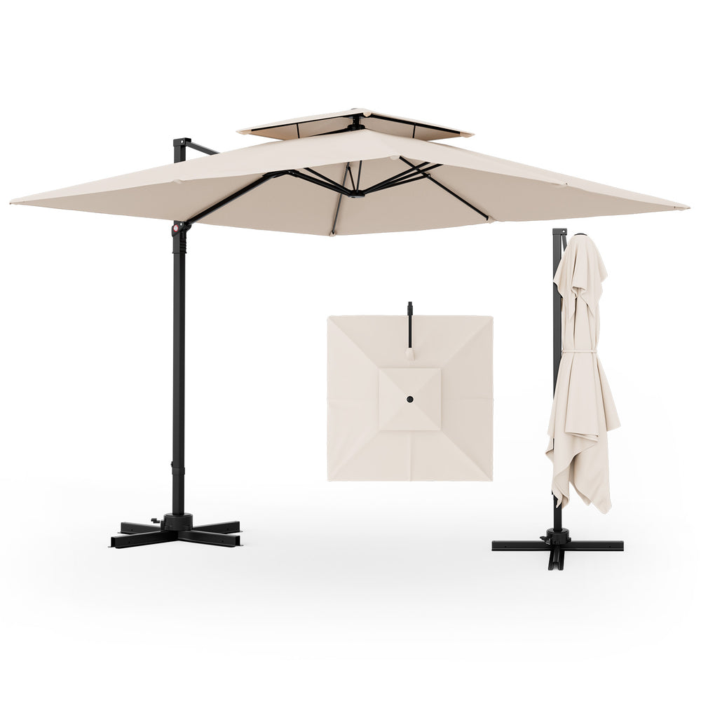 Beige 9.5 feet cantilever patio umbrella showcasing the foot pedal mechanism for 360° rotation and easy shade.