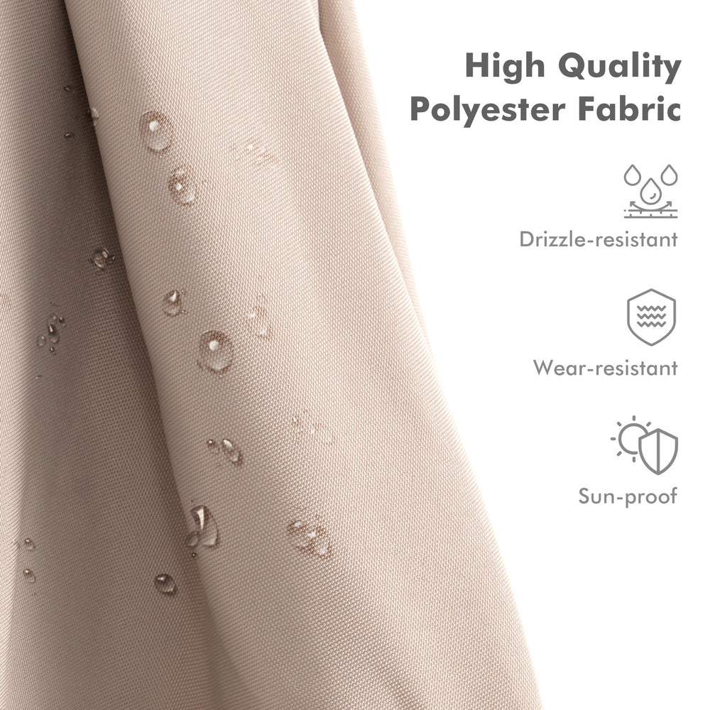 Close-up of high-quality beige polyester fabric, showcasing drizzle-resistant and sun-proof features for outdoor.