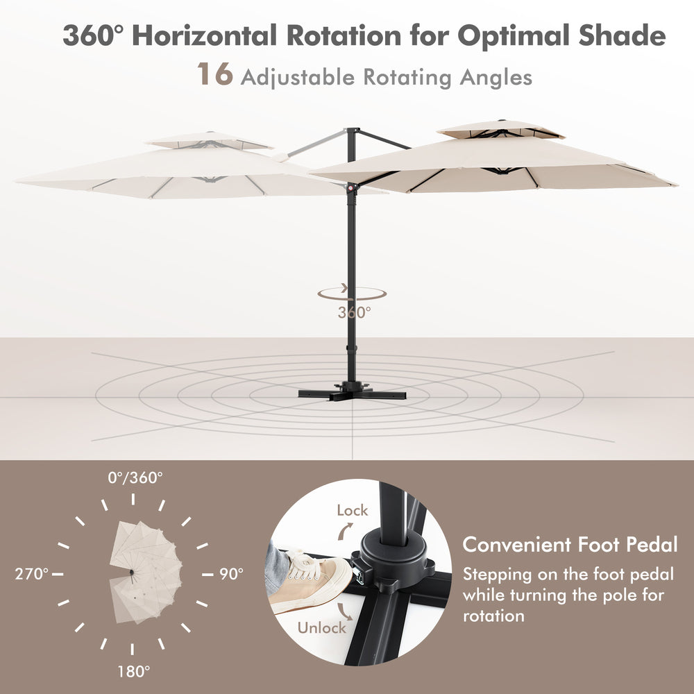 9.5 feet cantilever patio umbrella in beige with 360° rotation and double top, ideal for optimal shade and outdoor use.