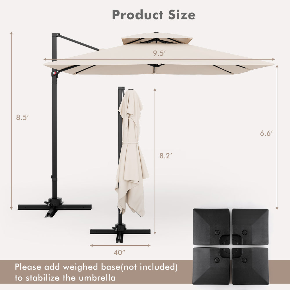 Dimensions of the 9.5 feet cantilever patio umbrella in beige, highlighting its height and coverage for optimal shade.
