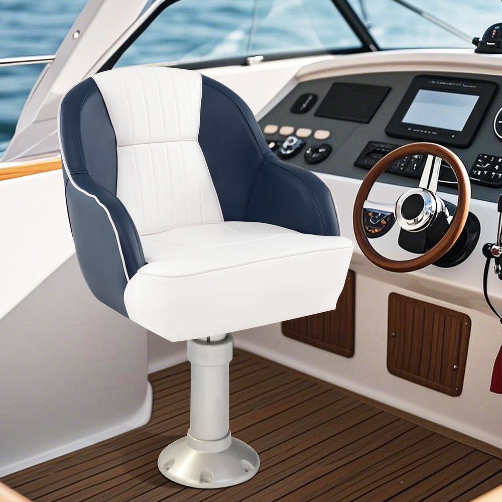 Blue Captain Bucket Seat for pontoon boats, featuring waterproof PVC leather and supportive armrests for comfort.