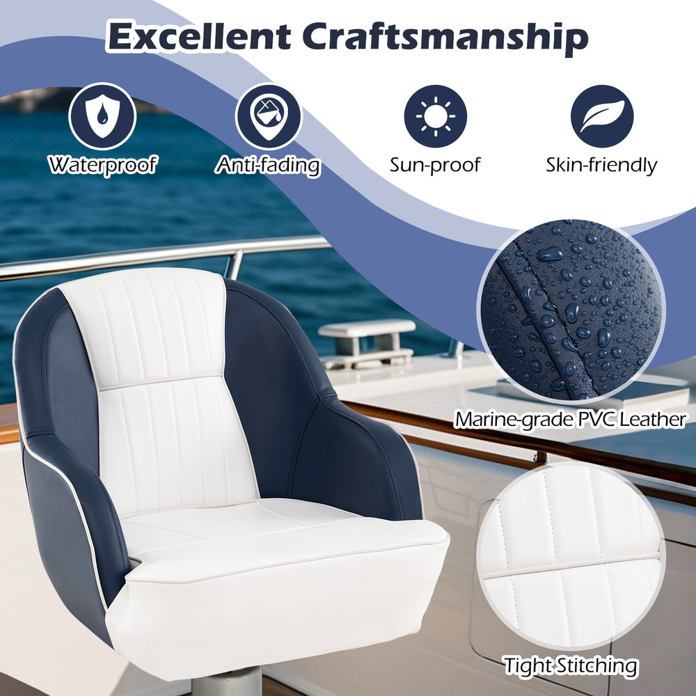 Captain bucket seat in blue with waterproof PVC leather, padded backrest, and armrests for boating comfort.