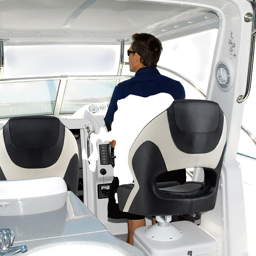 Captain bucket seat in black with waterproof PVC leather, designed for stable and comfortable boating experiences.