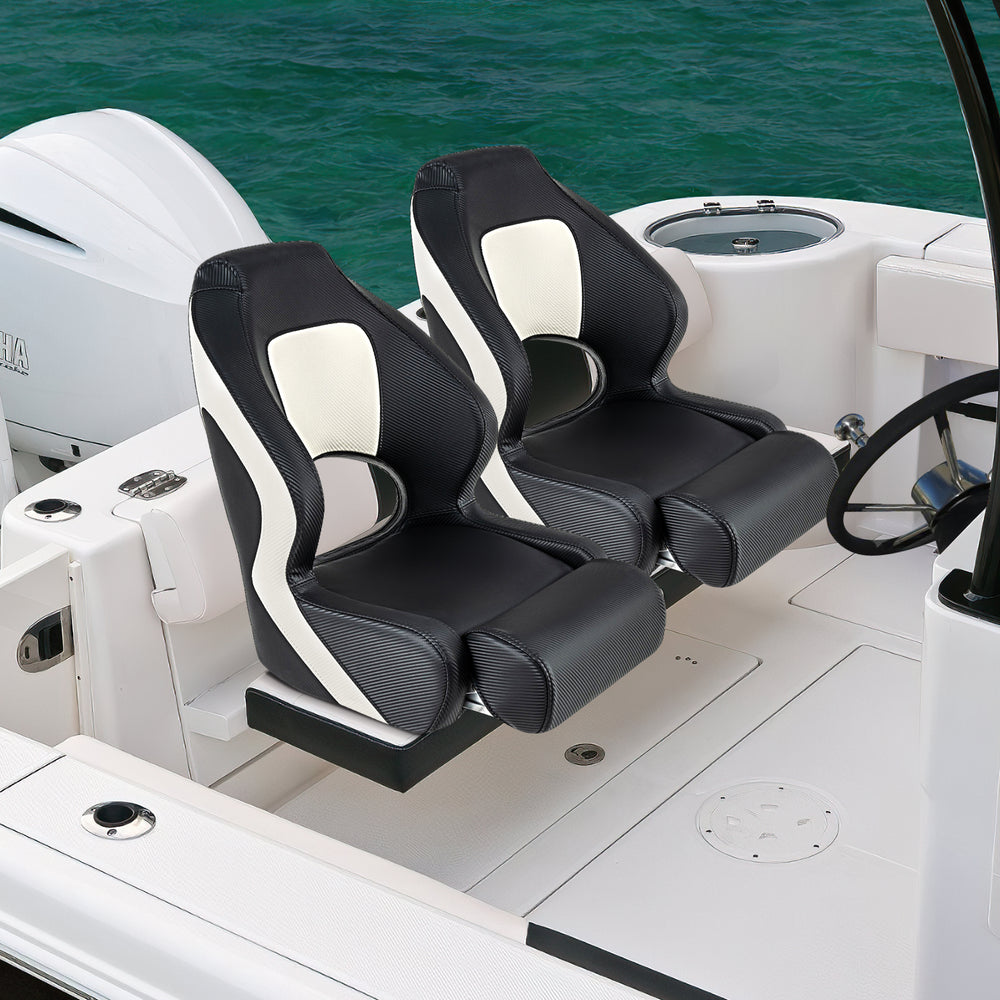 Captain bucket seats in black with waterproof PVC leather, featuring ergonomic design and flip-up bolster for boating.