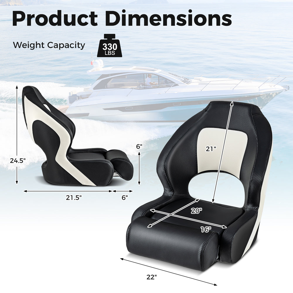Captain bucket seat dimensions showing waterproof PVC leather, ergonomic design, and 330 lbs weight capacity for boats.