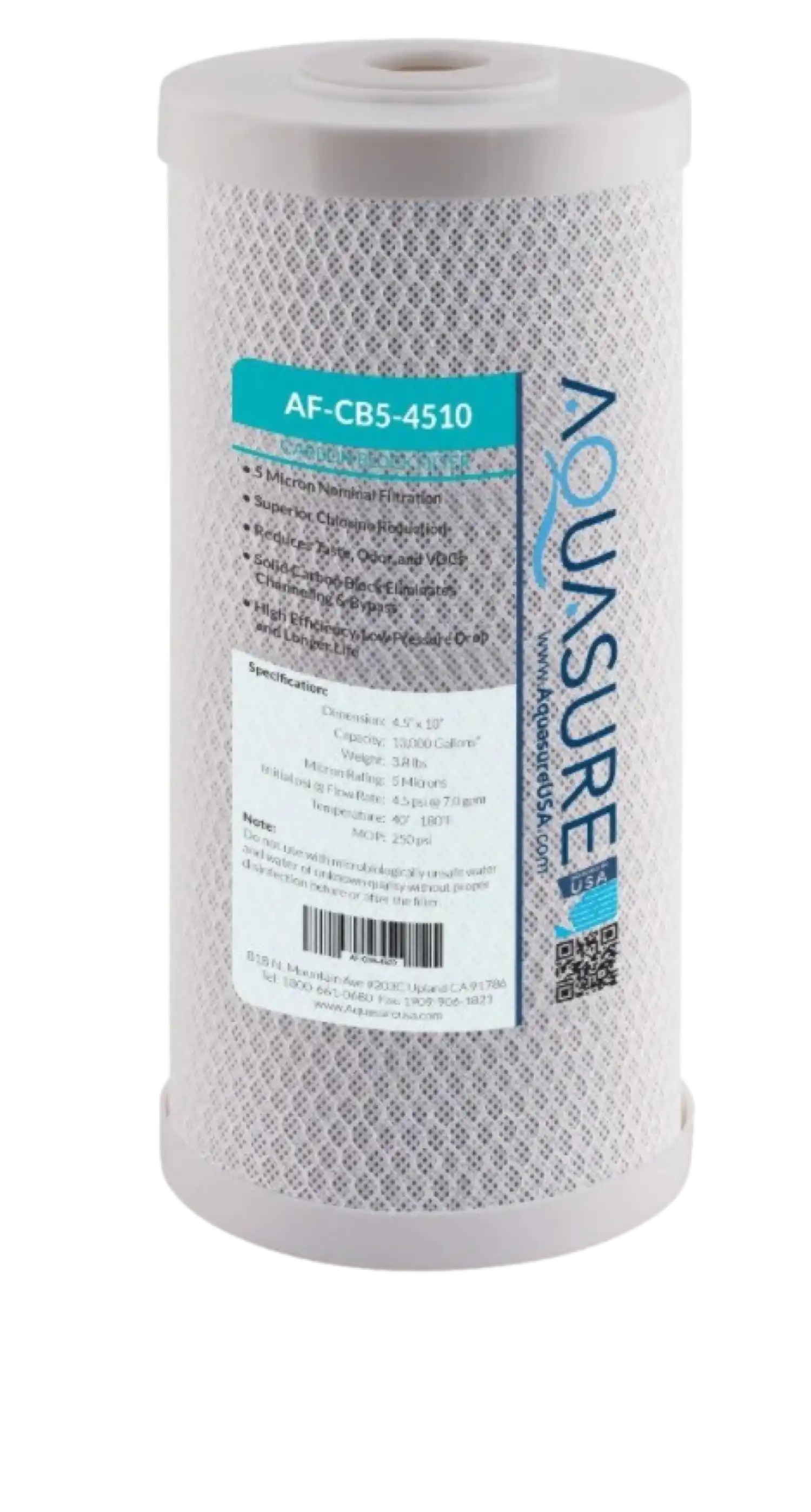Aquasure AF-CB5-4510 Fortitude V Series 10 Inch High Flow 5 Micron Carbon Block Filter New