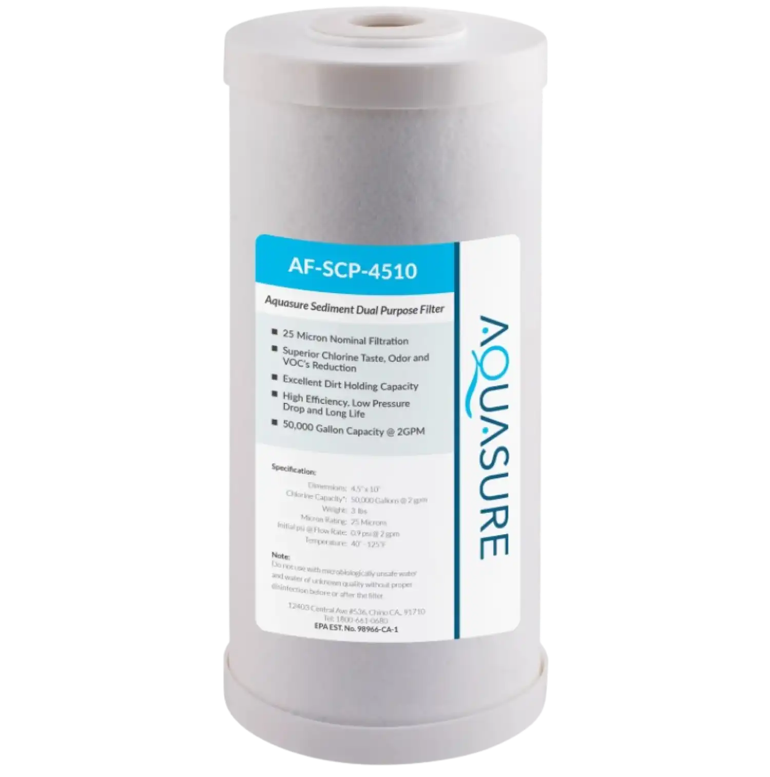 Aquasure AF-SCP-4510 Fortitude V Series 10 Inch High-Capacity 25 Micron Dual-Purpose Sediment and Carbon Filter New