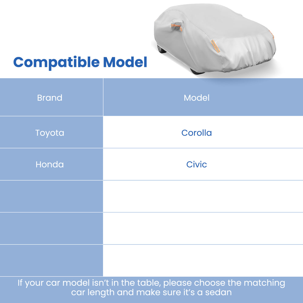 Car cover for 185-inch sedans, featuring UV-proof, waterproof material with elastic band for secure fit and protection.