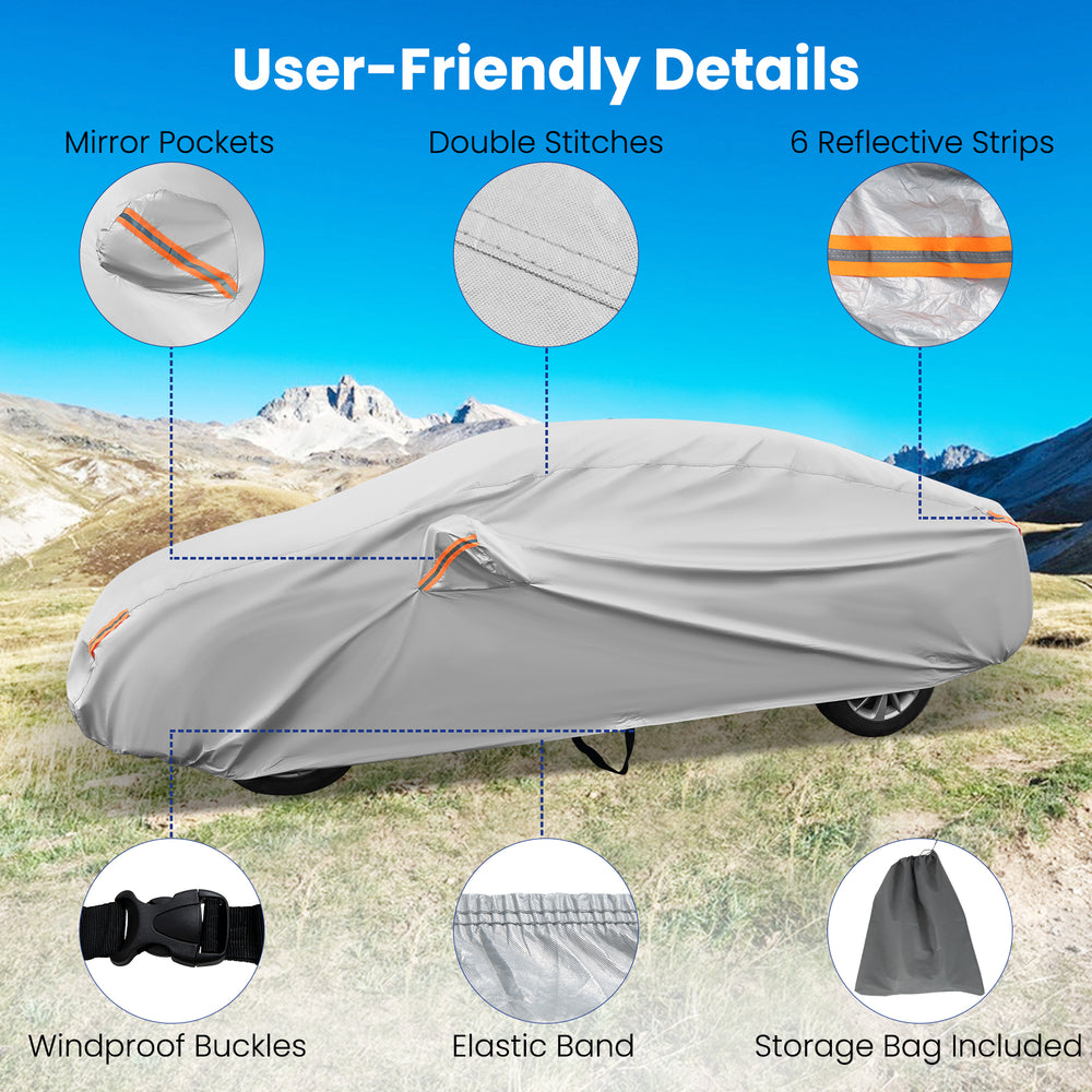 Car cover for 185-inch sedans with UV protection, waterproof material, and 6 reflective strips for safety.