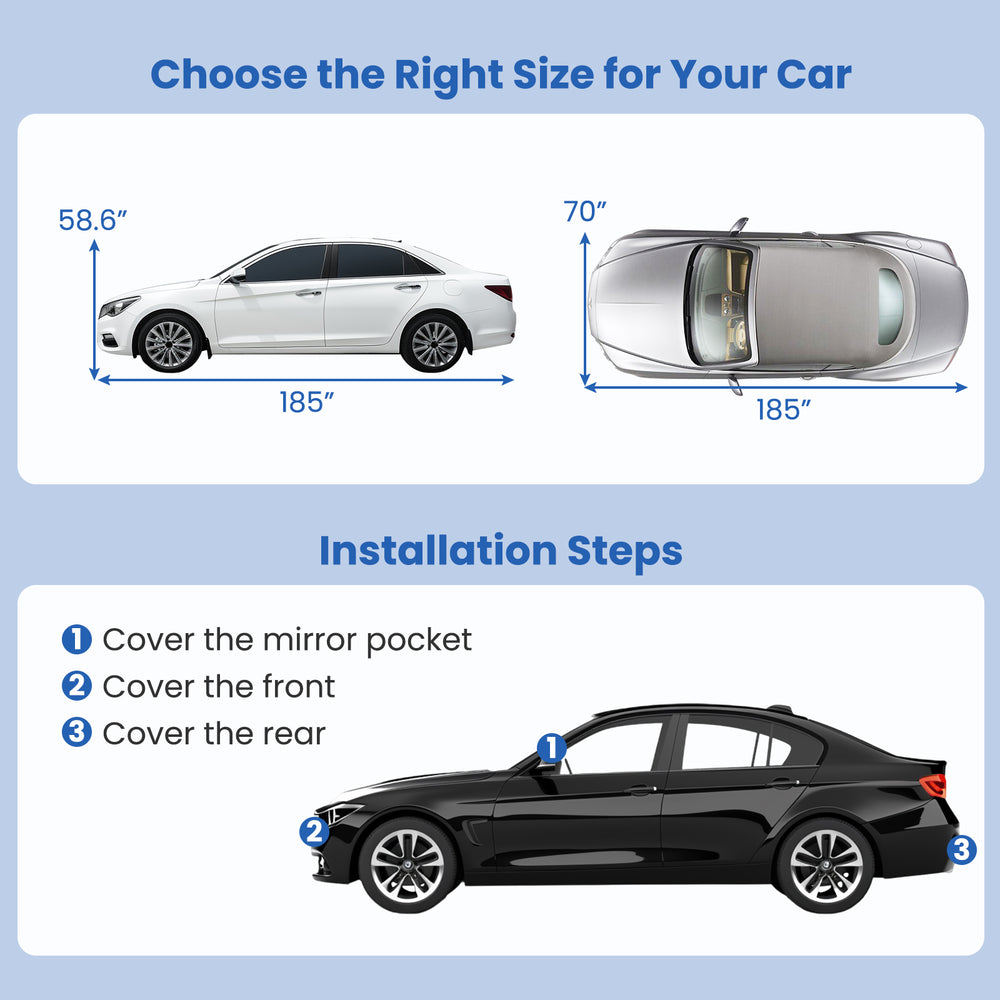 Car cover for 185-inch sedans, featuring UV protection, waterproof material, and mirror pockets for secure fit.