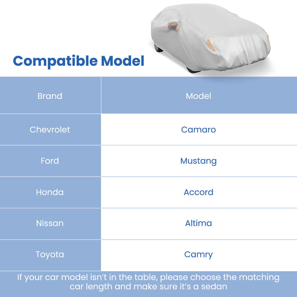 Car cover for sedans up to 193 inches, featuring UV protection, waterproof material, and elastic band for secure fit.