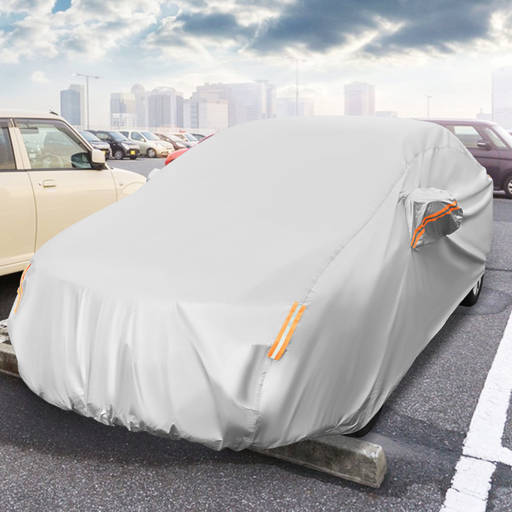 Car cover for sedans up to 193 inches, featuring UV protection, waterproof material, and reflective strips for safety.