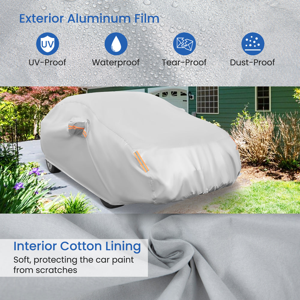 Car cover for 193-inch sedans with UV-proof aluminum film and soft cotton lining, offering all-year protection.