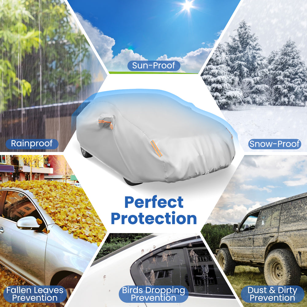 Car cover for 193-inch sedans, offering rainproof, sun-proof, and snow-proof protection with reflective strips.