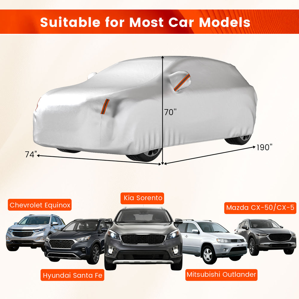 Car cover for SUVs up to 190 inches, featuring UV, rain, and dust protection with a soft cotton lining for paint safety.