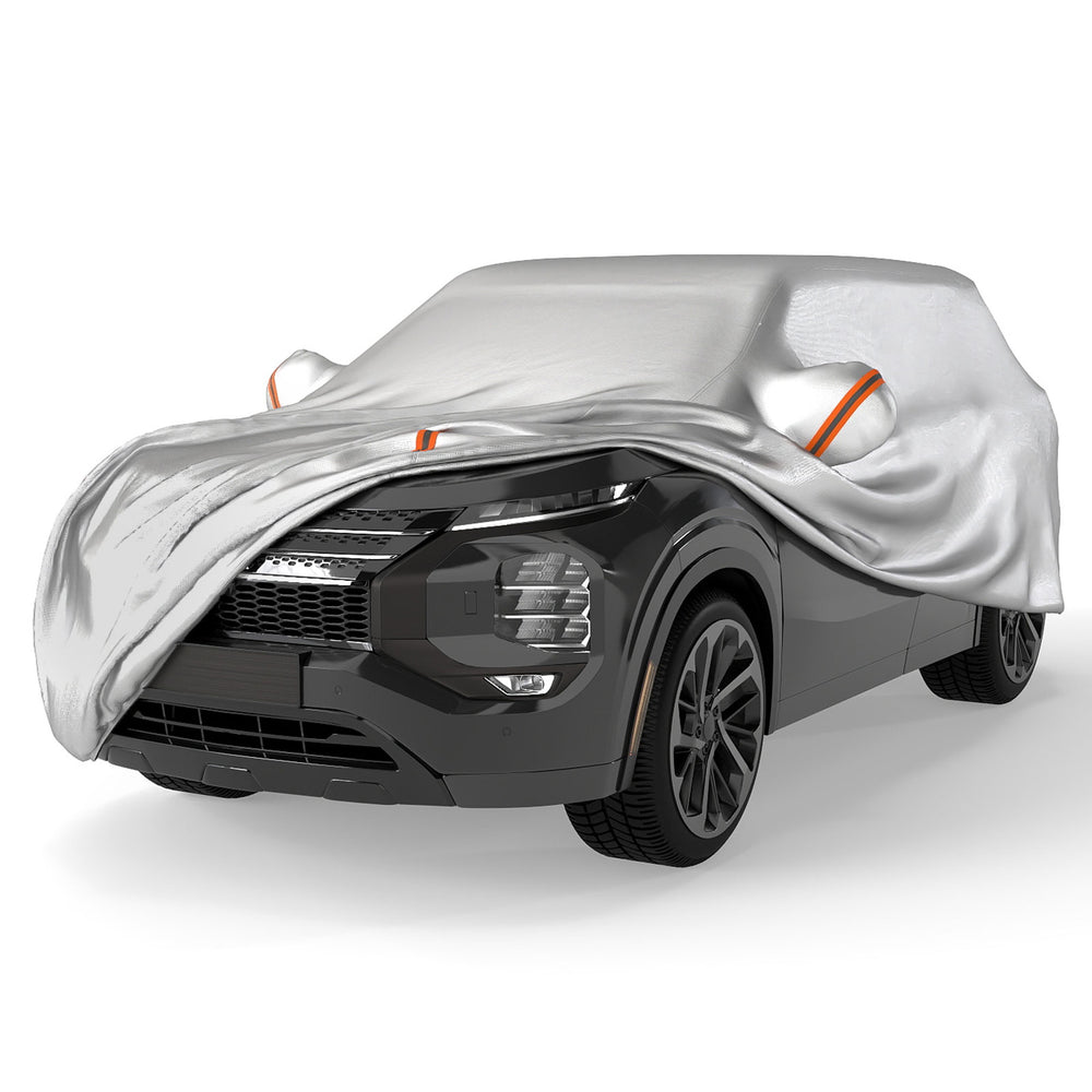 Car cover for SUVs up to 200 inches, featuring UV-proof and waterproof protection with reflective strips for safety.