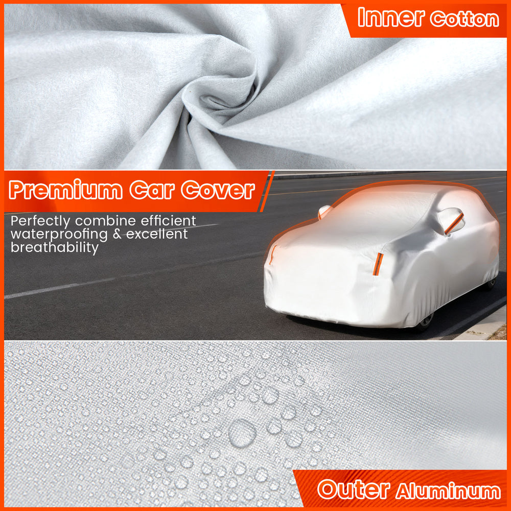 Premium car cover with aluminum exterior and cotton lining, offering UV protection and waterproofing for SUVs up to 200.