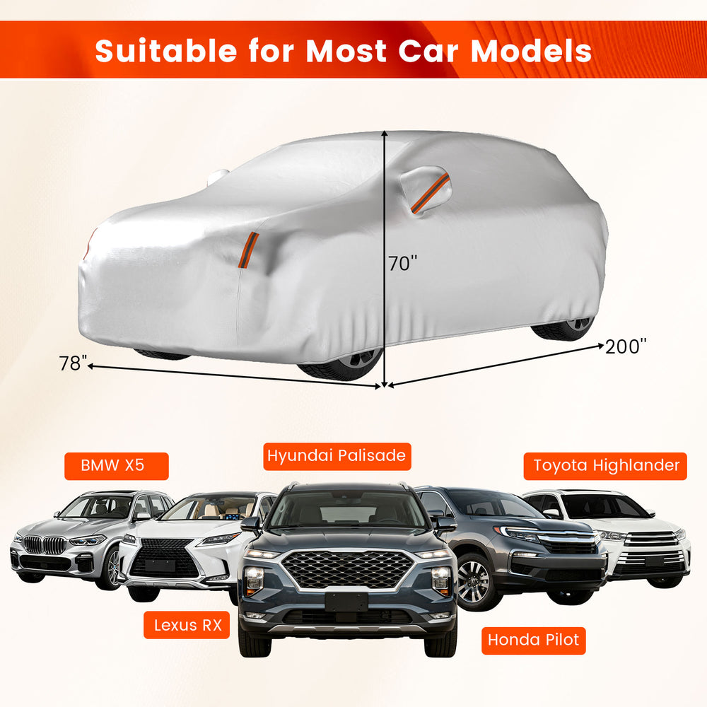 Car cover for SUVs up to 200 inches, featuring UV, rain, and dust protection with elastic band for secure fit.