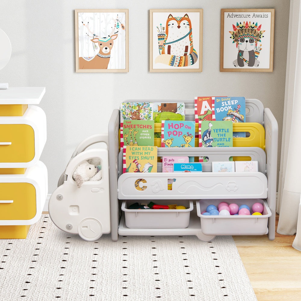 Car themed kids toy storage and bookshelf with 2 storage boxes and 3-tier bookshelf for organizing toys and books.