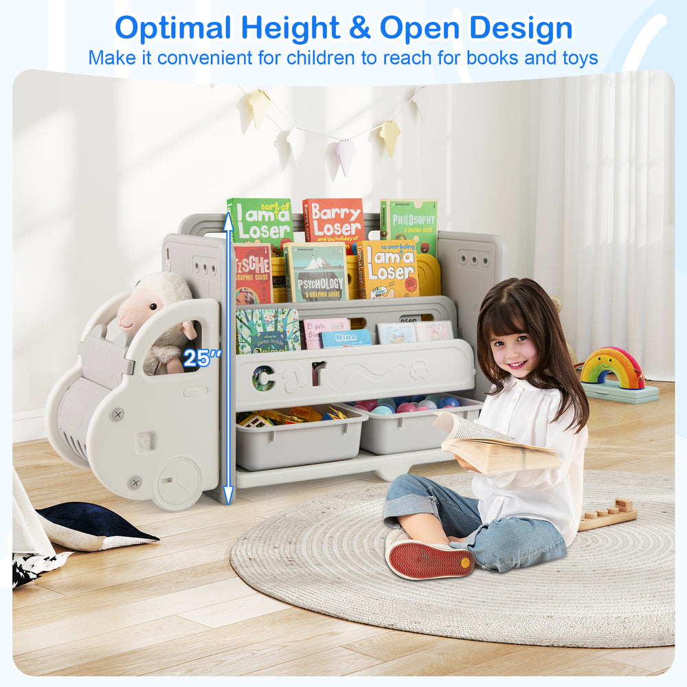 Car-themed kids toy storage and bookshelf with 3-tier design, 25" height, and BPA-free material for safe use.