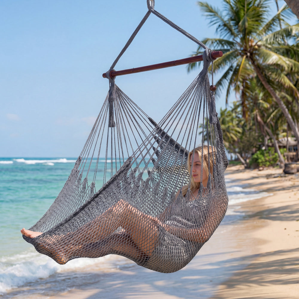 Caribbean Hammock Chair with Metal Spreader Bar Woven Rope Swing-Beige