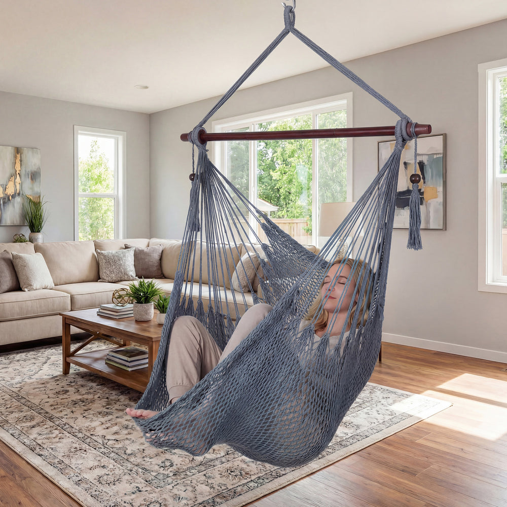 Caribbean Hammock Chair with Metal Spreader Bar Woven Rope Swing-Beige