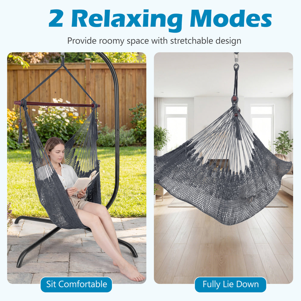 Caribbean hammock chair in gray with metal spreader bar, showcasing sit and lie down modes for versatile relaxation.
