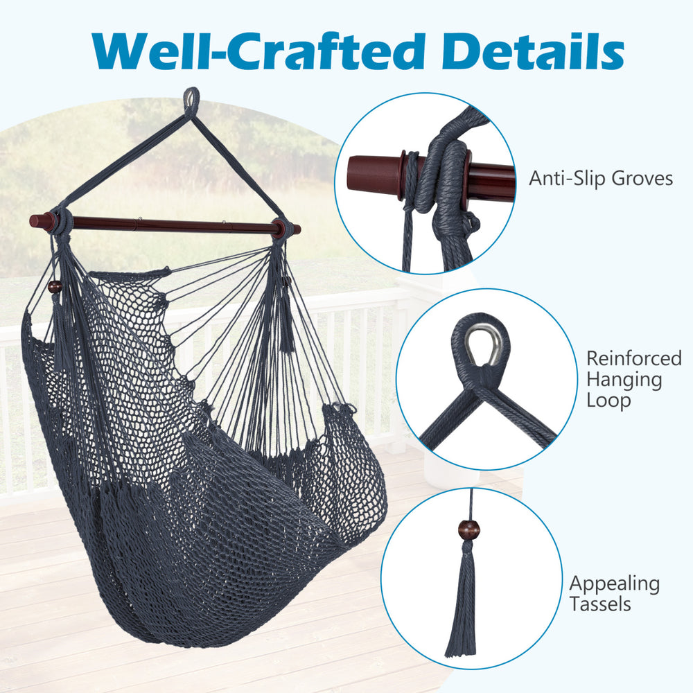 Detail of the Caribbean hammock chair showing reinforced hanging loop and anti-slip grooves for enhanced stability.