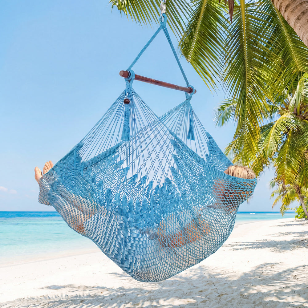 Caribbean Hammock Chair with Metal Spreader Bar Woven Rope Swing-Blue - Gallery View 1 of 10