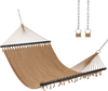 Khaki Caribbean hammock with spreader bar, spacious for 2, supports 600 lbs, perfect for patio or poolside relaxation.