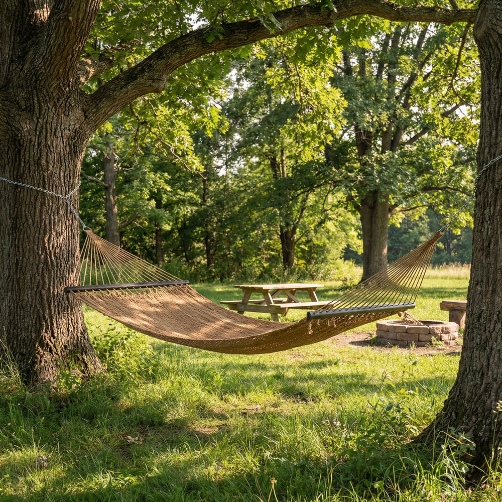 Spreader bar hammock in khaki, comfortably fits 2 people, perfect for relaxing in outdoor spaces like patios or.