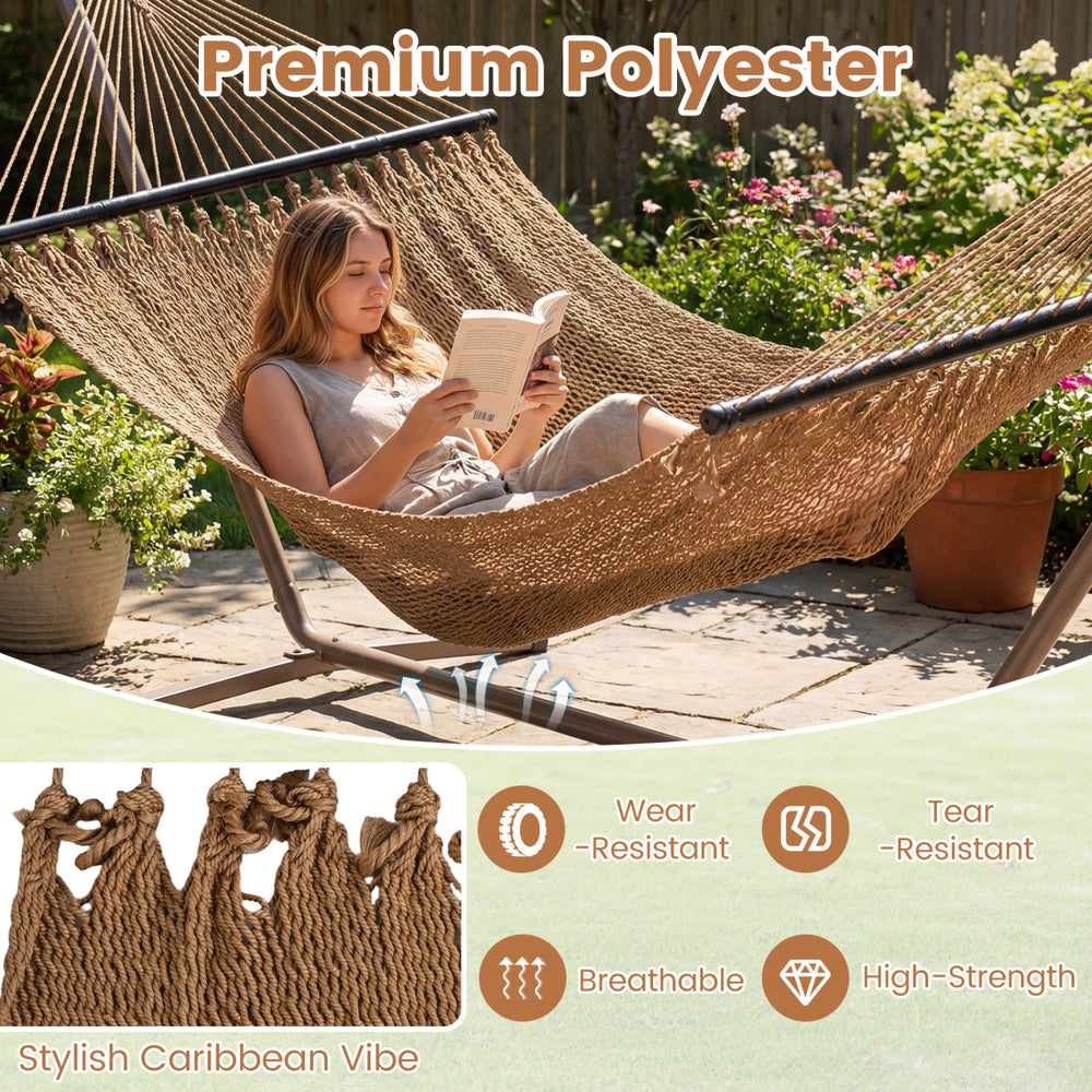 Spacious khaki Caribbean hammock with spreader bar, supports 600 lbs, perfect for patio or poolside relaxation.