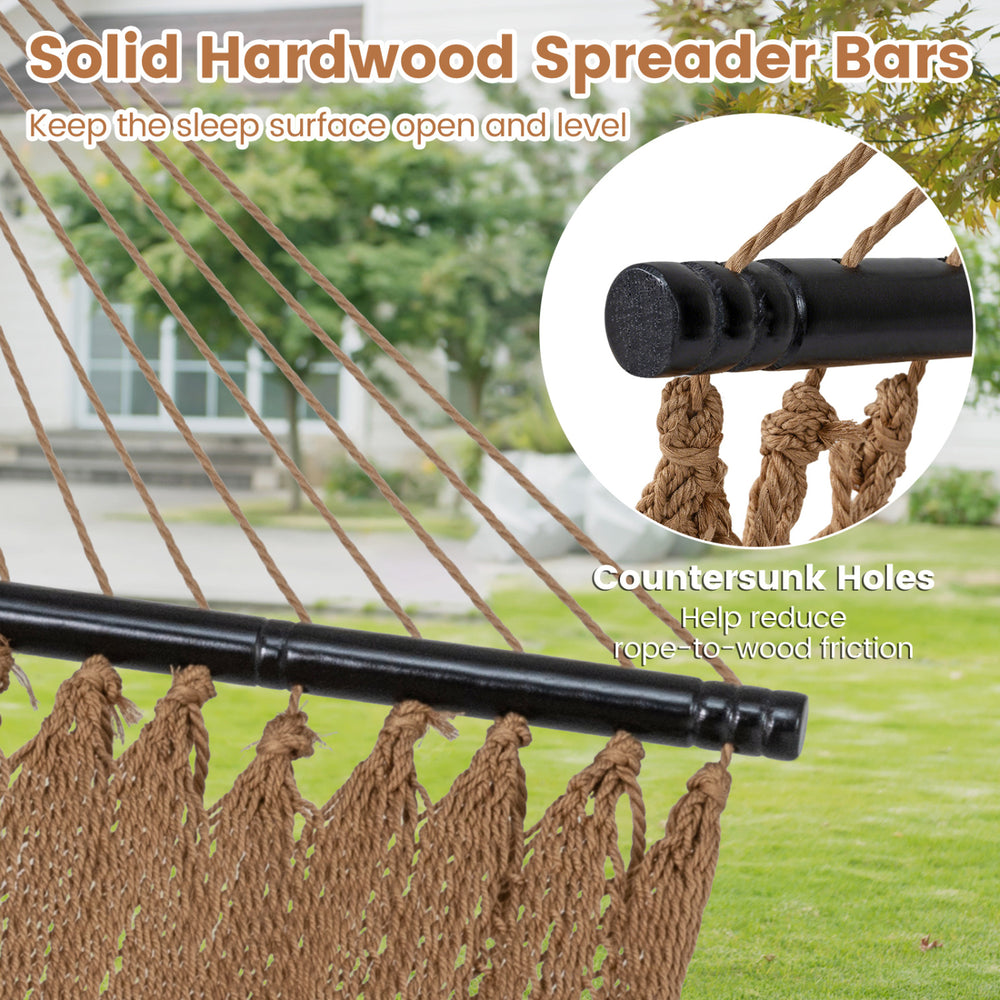 Solid hardwood spreader bar with countersunk holes for the Caribbean hammock, ensuring stability and durability for.