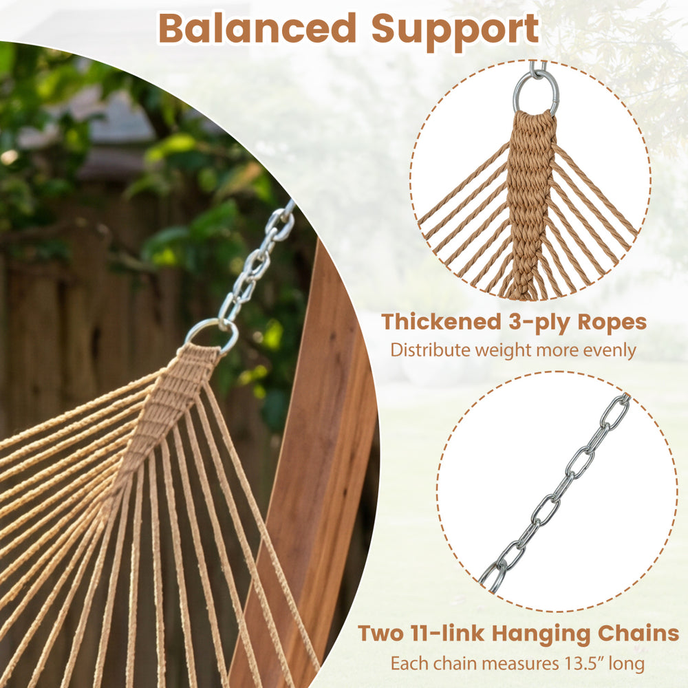 Thickened 3-ply ropes and two 11-link chains of the khaki Caribbean hammock for stable, double lounging support.