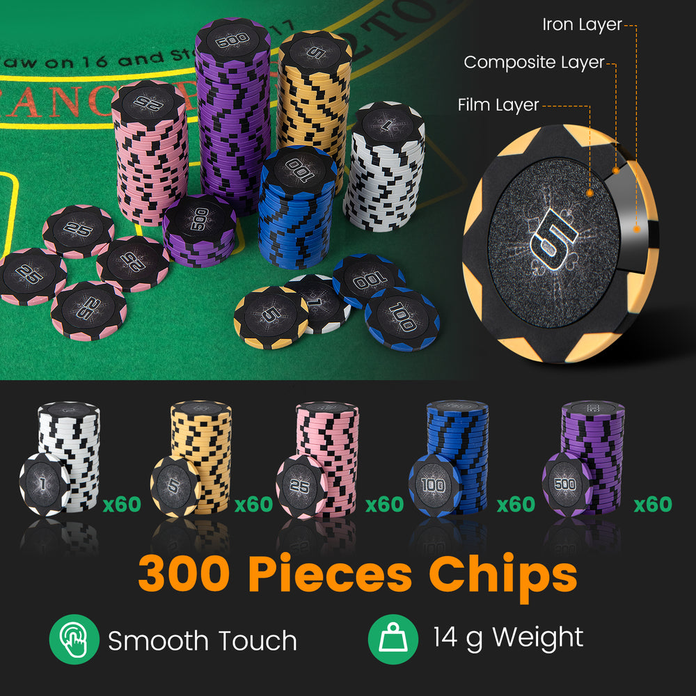 300 pieces of 14-gram poker chips in various colors, perfect for Texas Holdem and card games with durable materials.