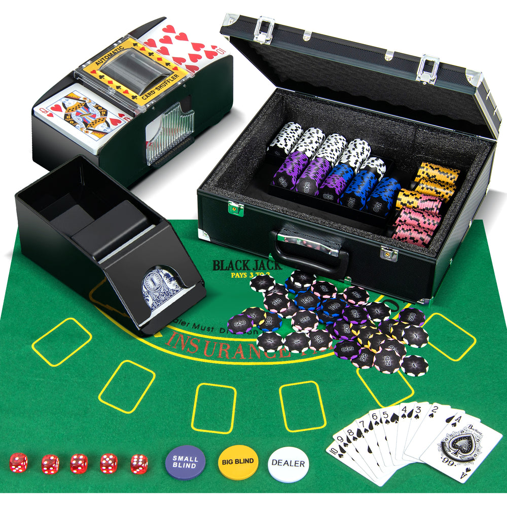 14-gram poker chip set with 300 chips, card shuffler, felt mat, and accessories for Texas Holdem and Blackjack games.