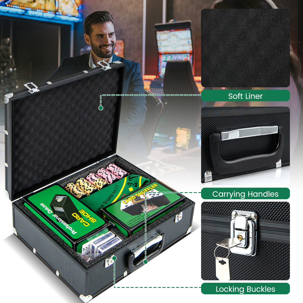 Poker chip set with 300 durable chips, card shuffler, and accessories in a protective case for card games.