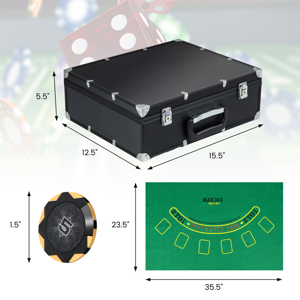 Black poker chip set with 300 chips, felt mat, and accessories for Texas Holdem and Blackjack games.