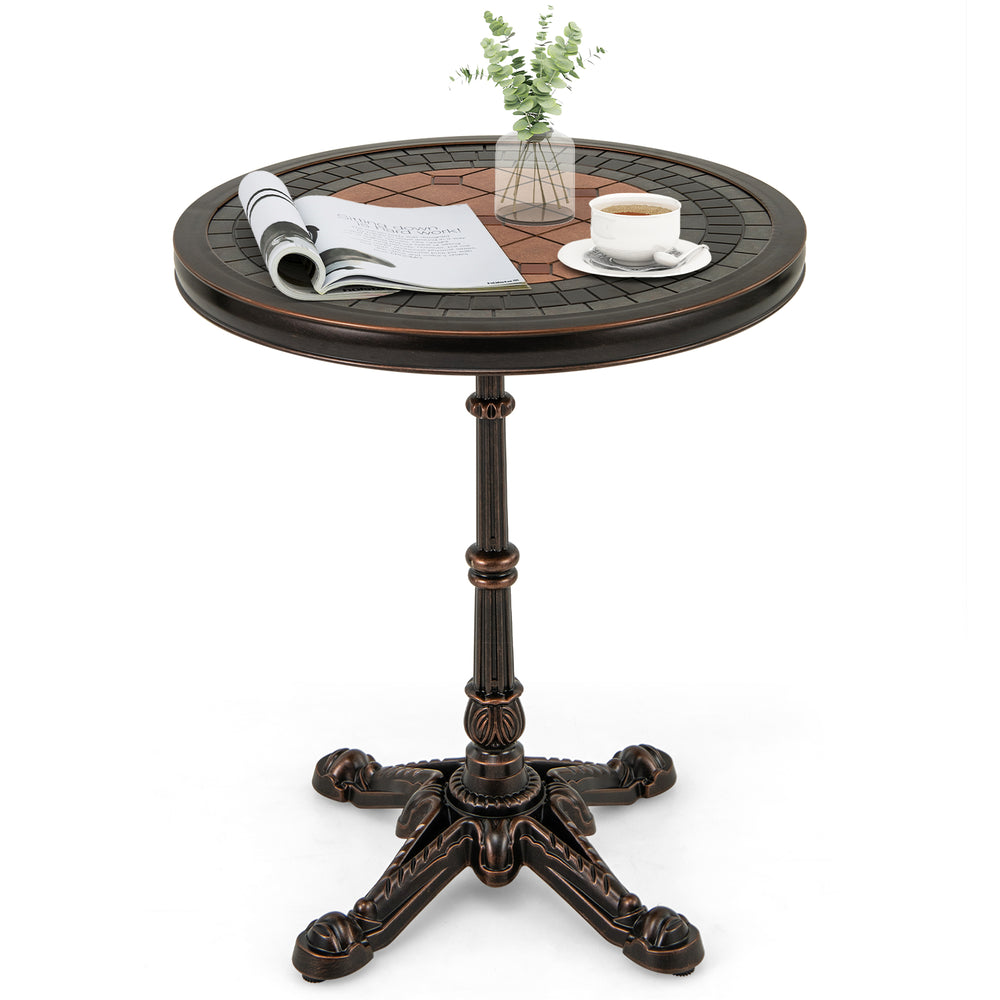 24" round patio dining table in bronze, made of weather-resistant cast aluminum, ideal for outdoor or indoor use.