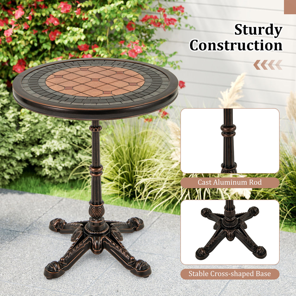 24" round patio dining table in bronze with a painted tabletop, sturdy cast aluminum frame, ideal for outdoor use.